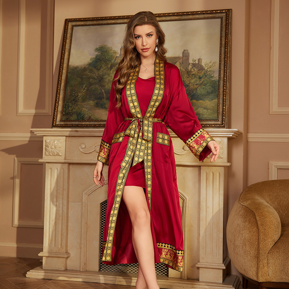 Women Bathrobe Designer Baroque Style New Long Sleeve Sleepwear Spring Autumn Long Robe Luxury Ladies Morning Robe