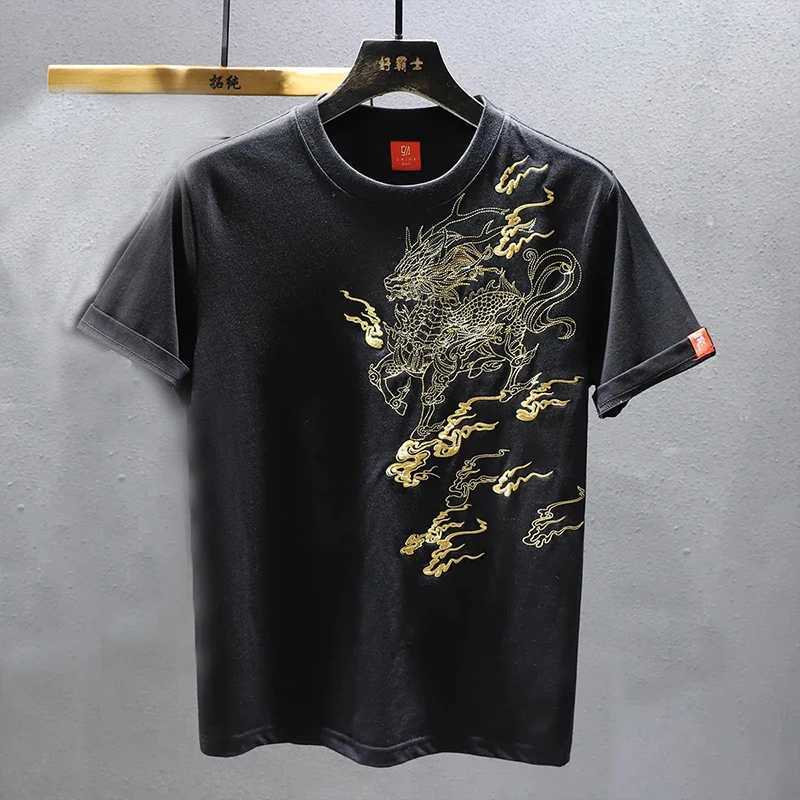 Summer Golden Qilin Embroidery Mens T-shirt Fashion Loose Casual Tops Short Sleeve Tees National Trend Mens Clothing C260326