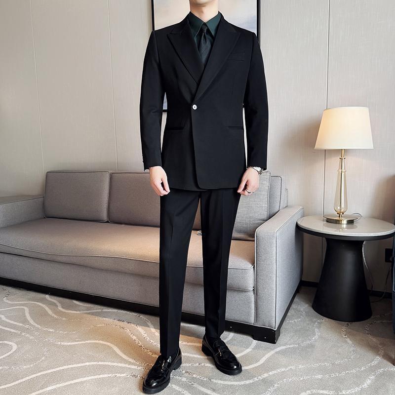 Koreanstyle highquality sheep wool blend suit with halflinen lining asymmetrical placket singlebutton twopiece host suit 250916