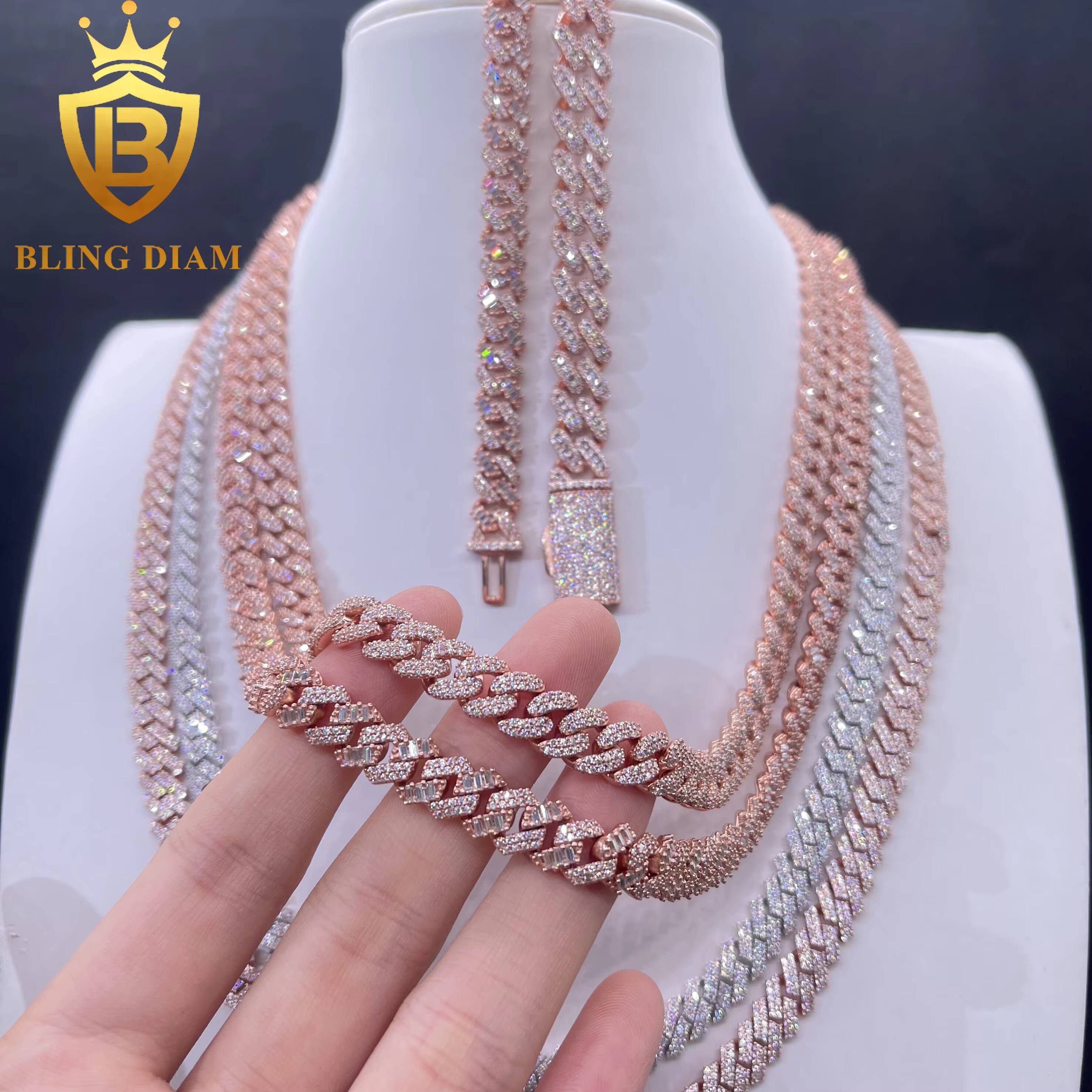 8-10mm Iced Out Miami Cuban Link Chains Rose Gold Pass Diamond Tester Hip Hop Rapper 925 Sterling Silver Vvs Real Moissanite