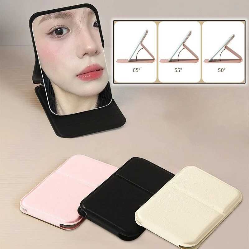 Mini Desktop Makeup Mirror Solid Color PU Leather Portable Handheld Makeup Mirrors Foldable Student Compact Cute Pocket Mirror H260327