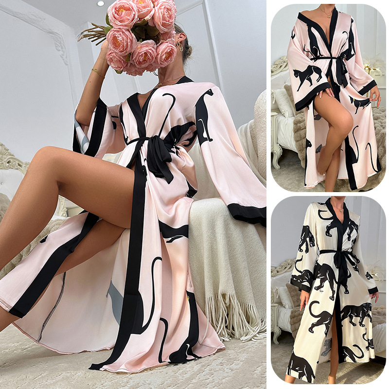 Bathrobe Women Satin Black Leopard Print Bathrobe Nightgown Long Sleeve Tie Loungewear