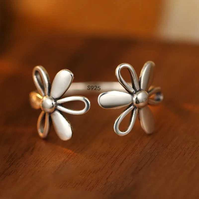 925 Sterling Silver Rings For Women Geometric Fine Jewelry Finger Adjustable Simple Vintage FLower Ring For Party Birthday Gift H260327