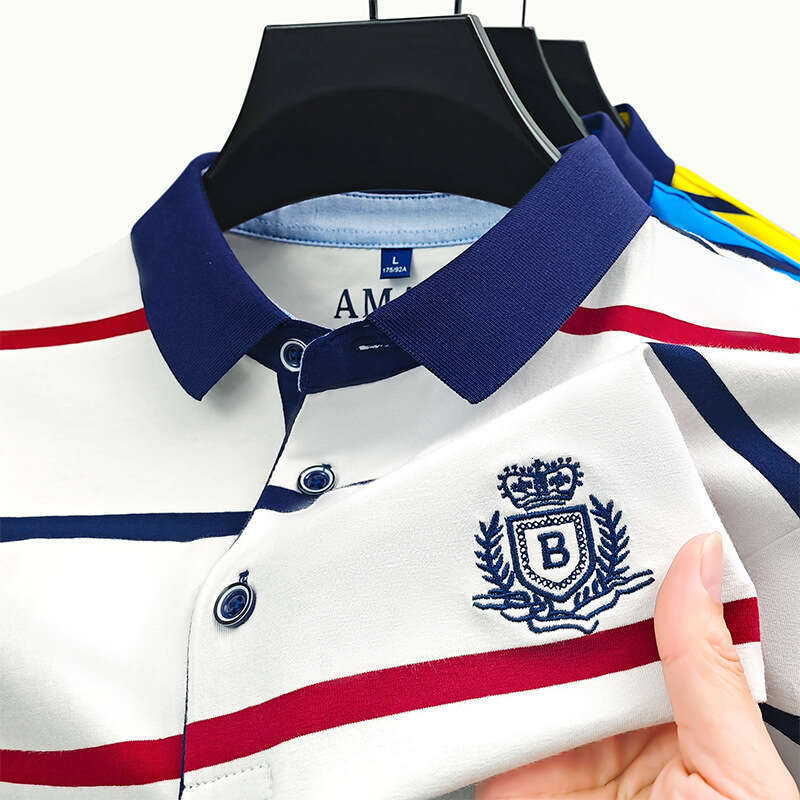Simple and high end quality summer new short sleeve T shirt youth striped POLO shirt business fashion top with embroidery