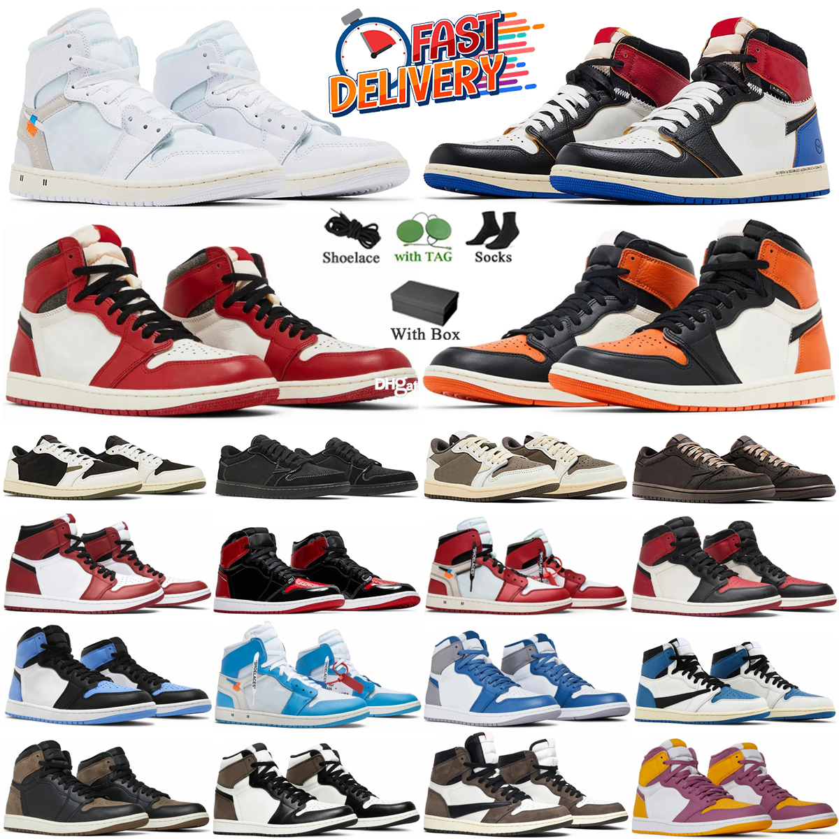 Designer Basketball Shoes 1s Sneakers for Men Women 1 Lost & Found Black Phantom Shattered Backboard UNC Red Bred Toe Court Purple
