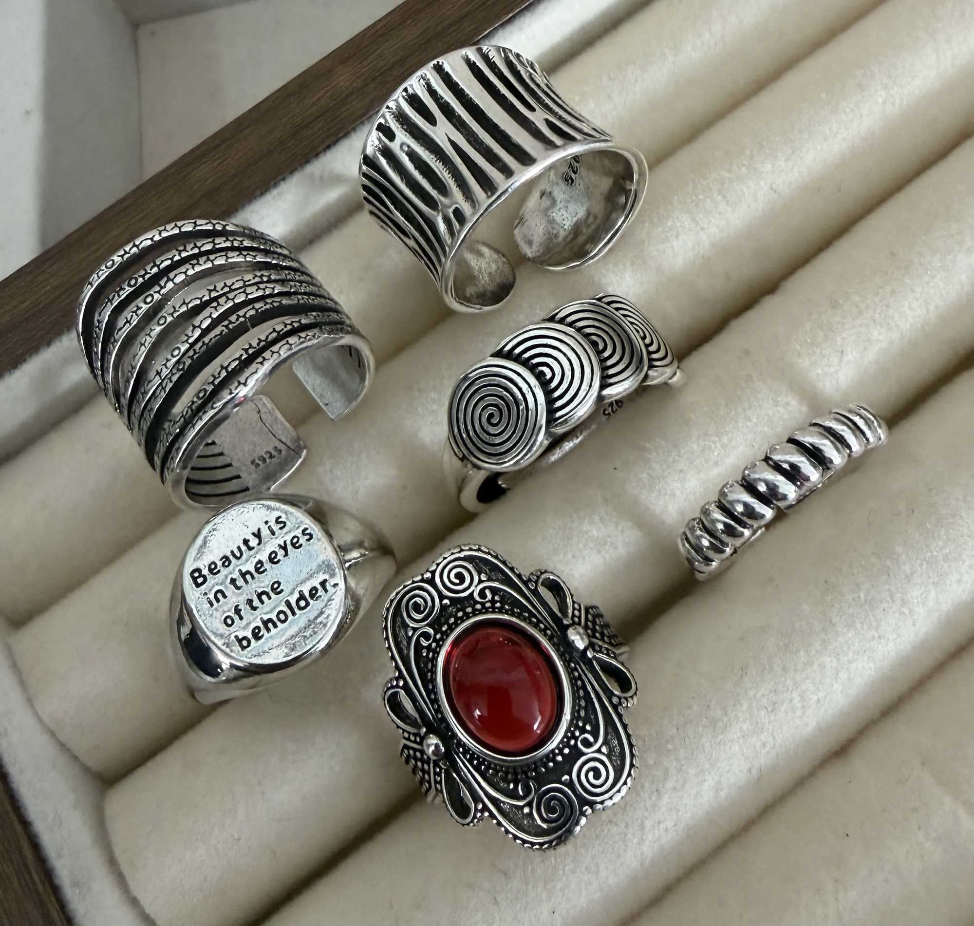 925 Sterling Silver Rings for Women Couple Minimalist Handmade Simple Wide Retro Red Ring Set Party Jewelry Gift Prevent Allergy H260327