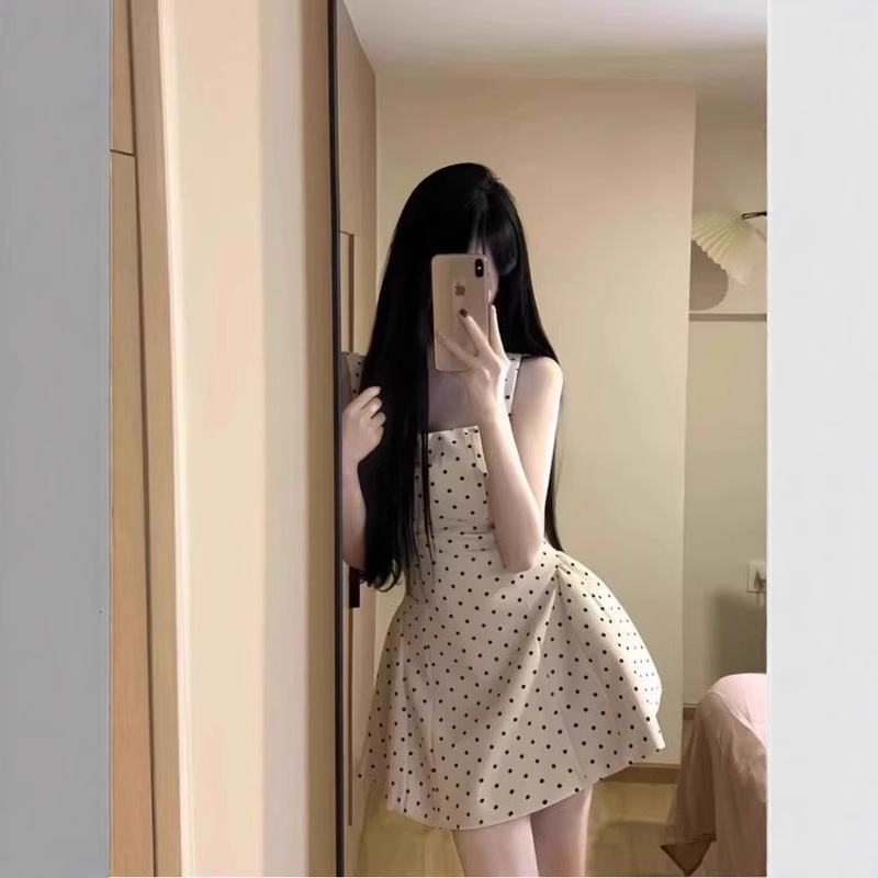 Woman Clothing Casual Dresses Retro Polka Dot Vest Dress Summer Womens Dress Ruched Waist Slimming Short Dress Designer Lady Elegant Dress