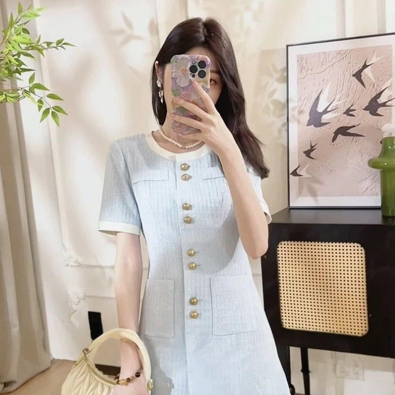 Designer dresses for women Woman Clothing French Style Dresses Short Sleeve Blue Tweed Elegant Luxurious Mid-Length Dress Lady Casual Dress free shipp