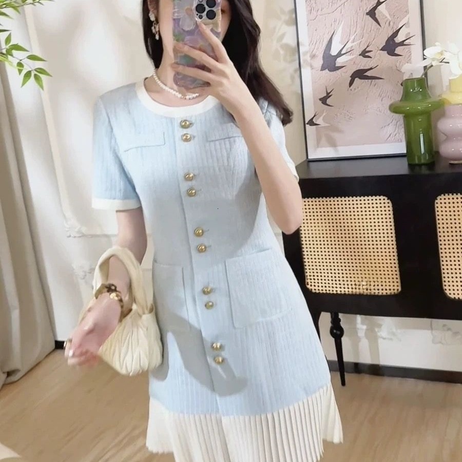 Designer dresses for women Woman Clothing French Style Dresses Short Sleeve Blue Tweed Elegant Luxurious Mid-Length Dress Lady Casual Dress free shipp