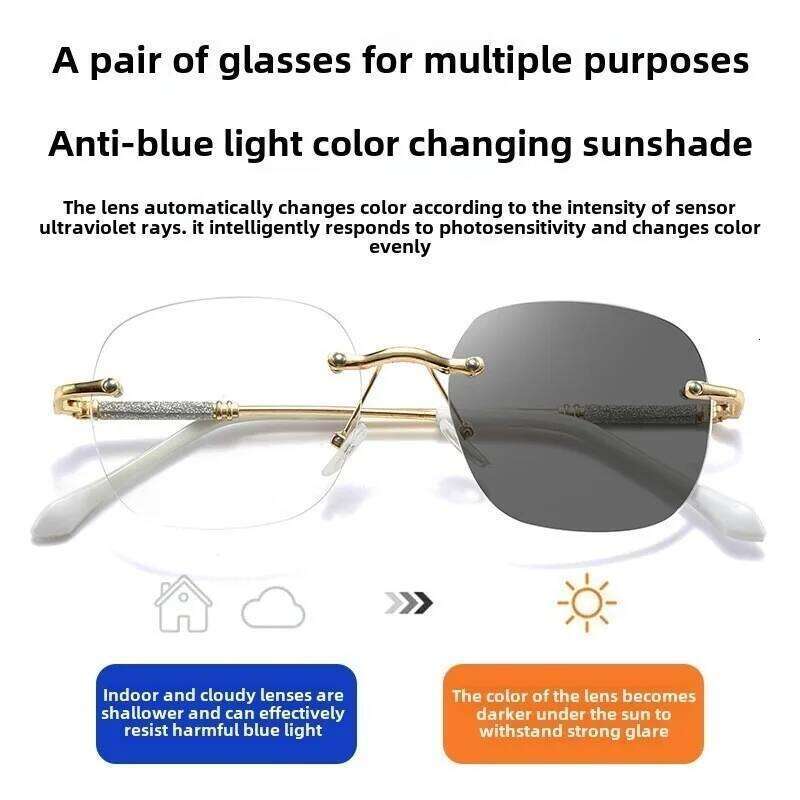 Photochromic Anti Radiation Frameless Glasses for Women Men Rimless Transition Eyeglass 2 in 1 Eyeglasses 26Y0327