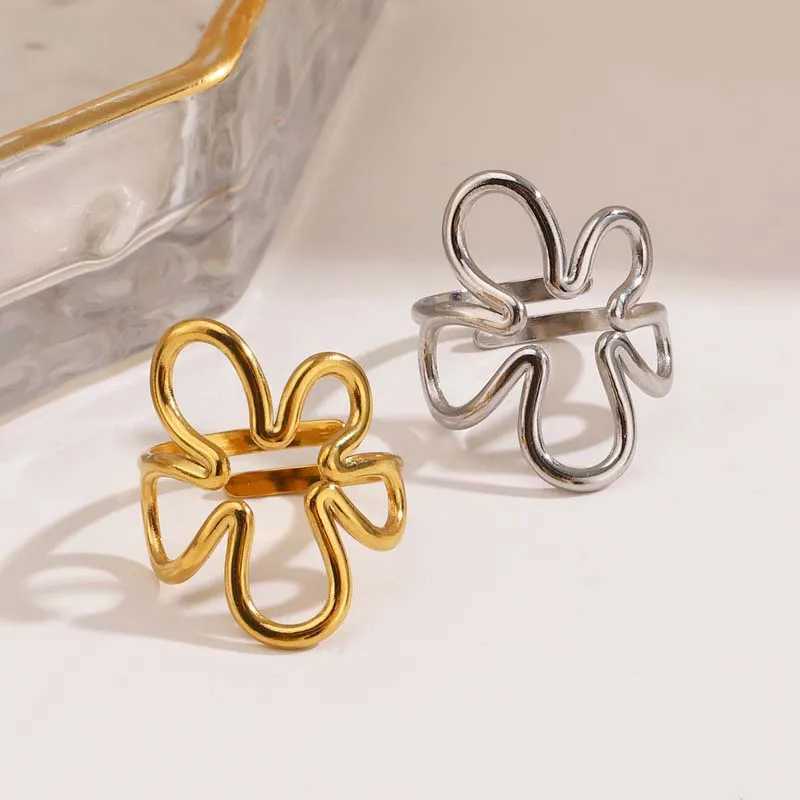 Stainless Steel Gold Color Hollow Flower Open Ring for Women Fashion Adjustable Geometric Lines Finger Ring Party Jewelry Gifts H260327