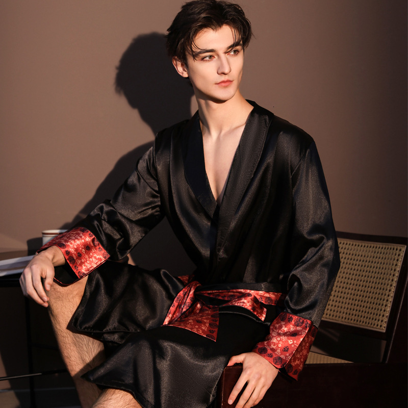 Bathrobe Men's Ice Silk Robe Designer 2026 New Spring Autumn Summer Thin Long Sleeved Long Bathrobe Loungewear Sleepwear For Home Use