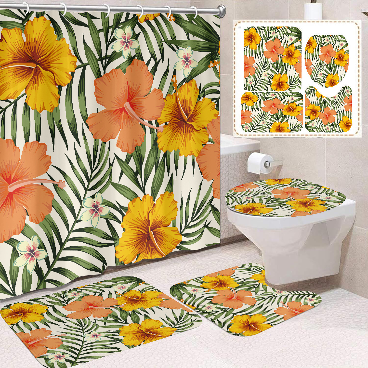 YL-38401 Floral Shower Curtain and Mat Set (4 Pieces) - Bathroom Dry and Wet Separation, Toilet Isolation Curtain, Modern Minimalist Style