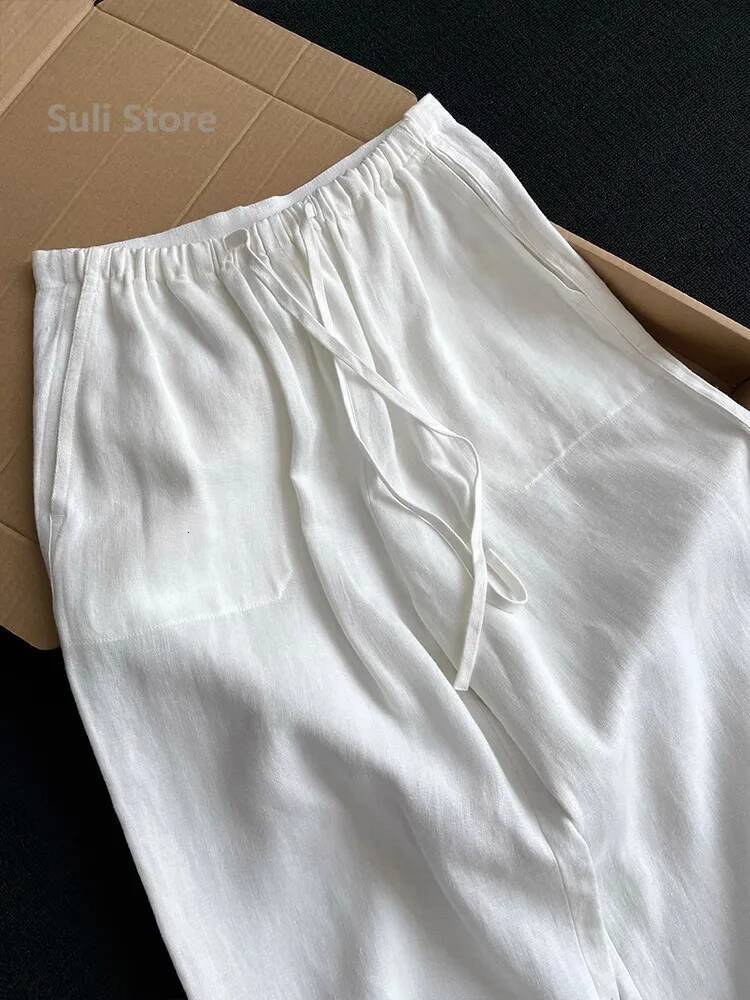 High Elastic Waist Cotton Linen Casual Pants Women's Style Small Size White Drawstring Loose Fit Trousers ddmysept