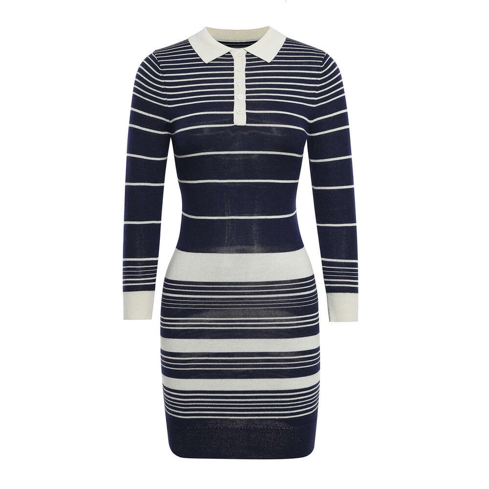 2026 autumn and A1 winter new French designer color blocked striped Polo collar knitted dress fashionable CC slim fit dress