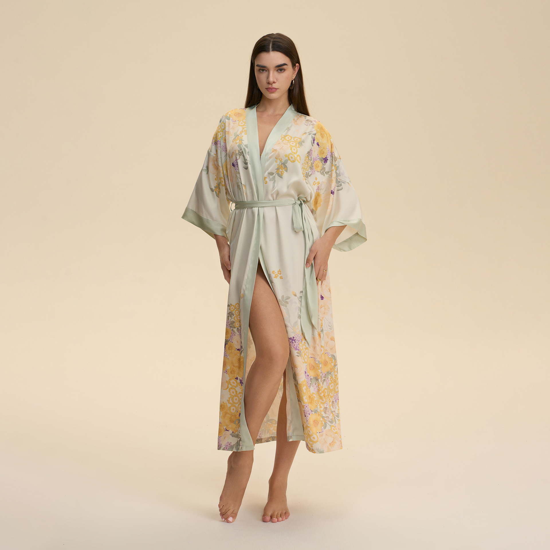 Bathrobe Women Various Floral Print Satin Chiffon Kimono Collar Elegant Long Robe