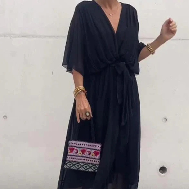 Womens Casual Dresses for women Designer Woman Clothing Casual Dresses Batwing Sleeve European American Solid Color Tie Waist Irregular Midi Dress Lad