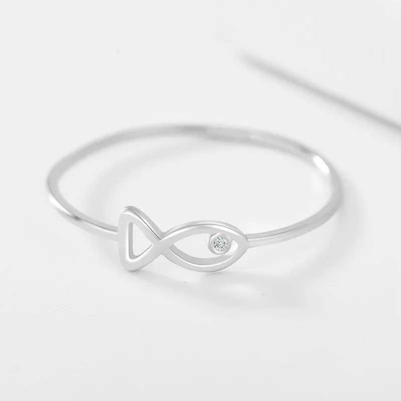 100 925 Sterling Silver Hollow Fish Rings For Women Simple Fashion Mini Crystal Stone Fine Jewelry Female Finger Accessories H260327
