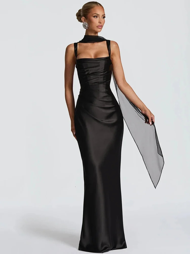 Satin Backless Sexy Maxi Dress Women Elegant Halter Off-shoulder Sleeveless Lace-up Bodycon Club Party Long Dresses 260326