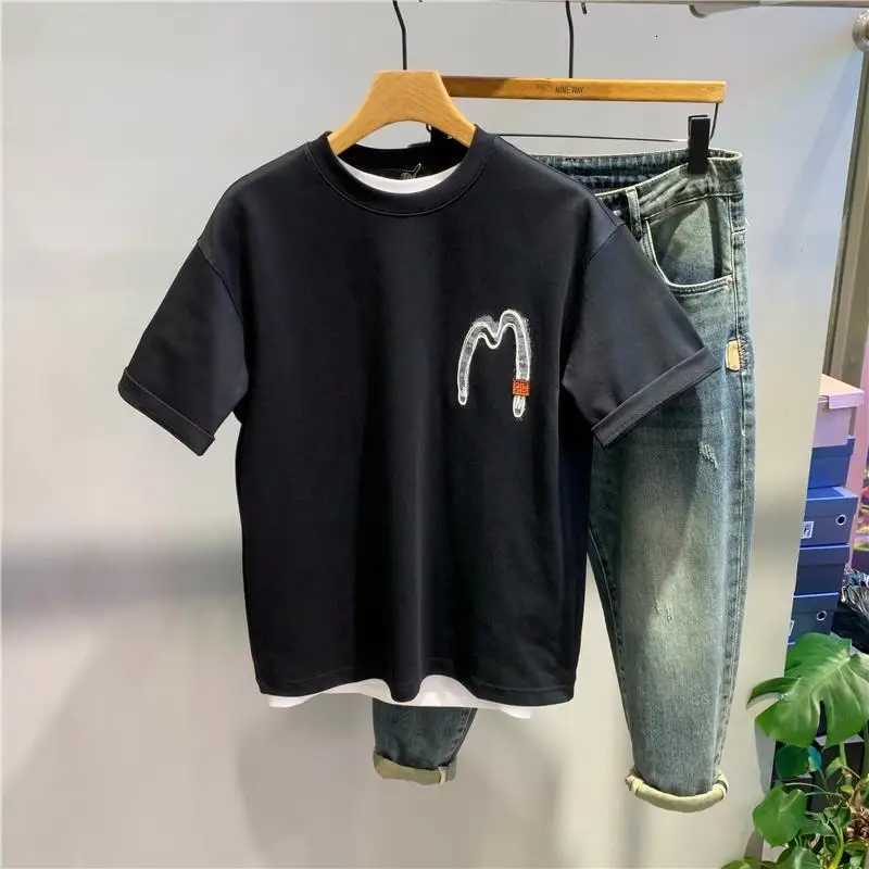 Letter Round Neck Short-sleeved T-padded Casual Mens Handsome High-end Half-sleeved Top C260326