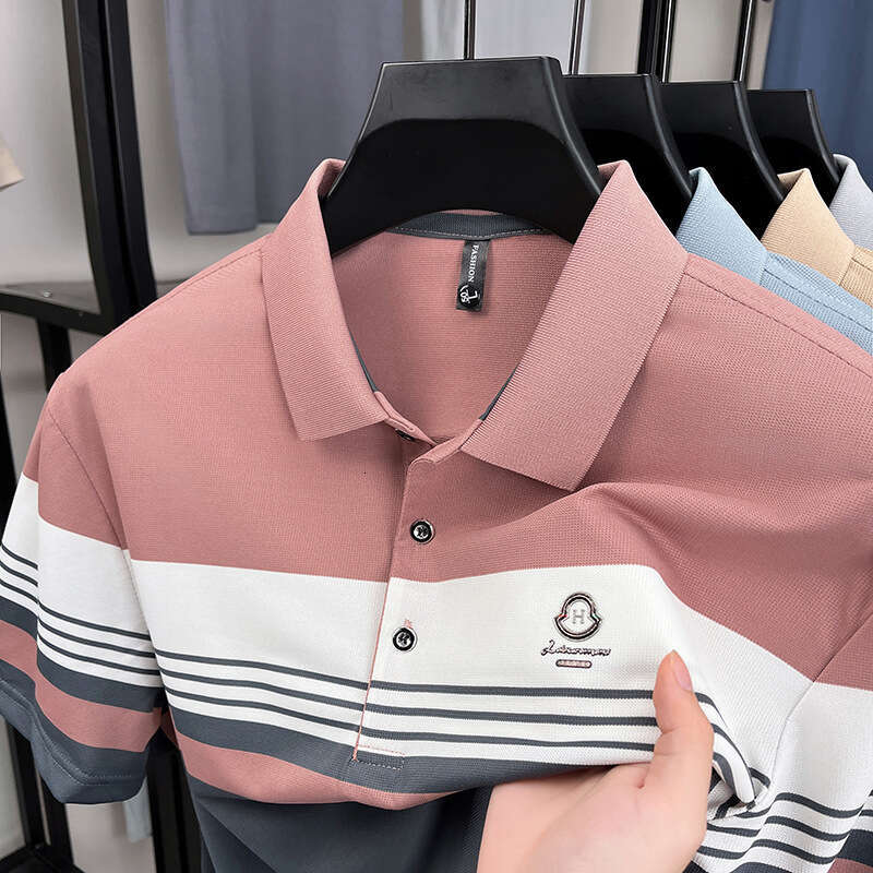 High end stylish summer new T shirt with a collar striped short sleeve light business pullover polo shirt