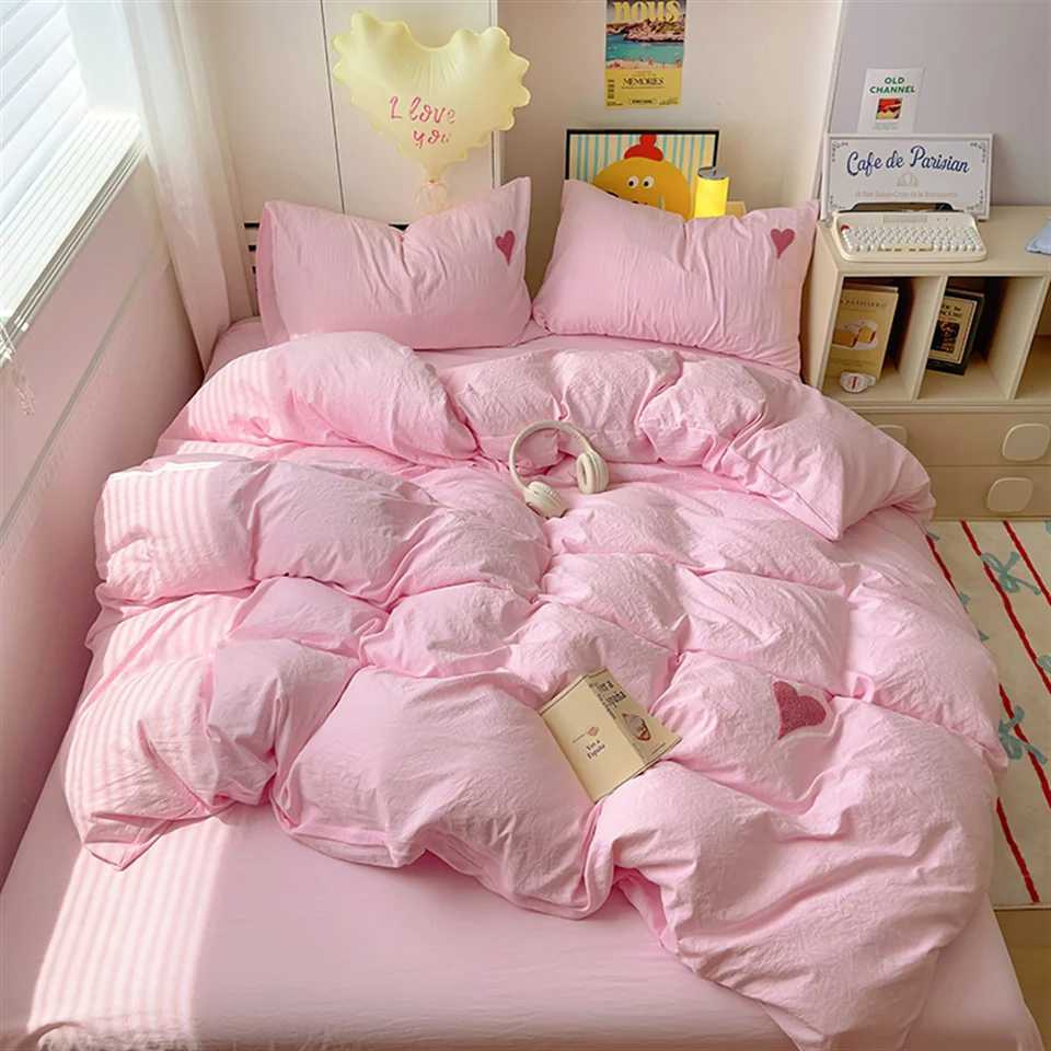 Korean Solid Color Bedding Set Adults Kids Twin Full Queen Size Soft Bed Flat Sheet Duvet Cover Set Pillowcases Simple Bed Linen H260327