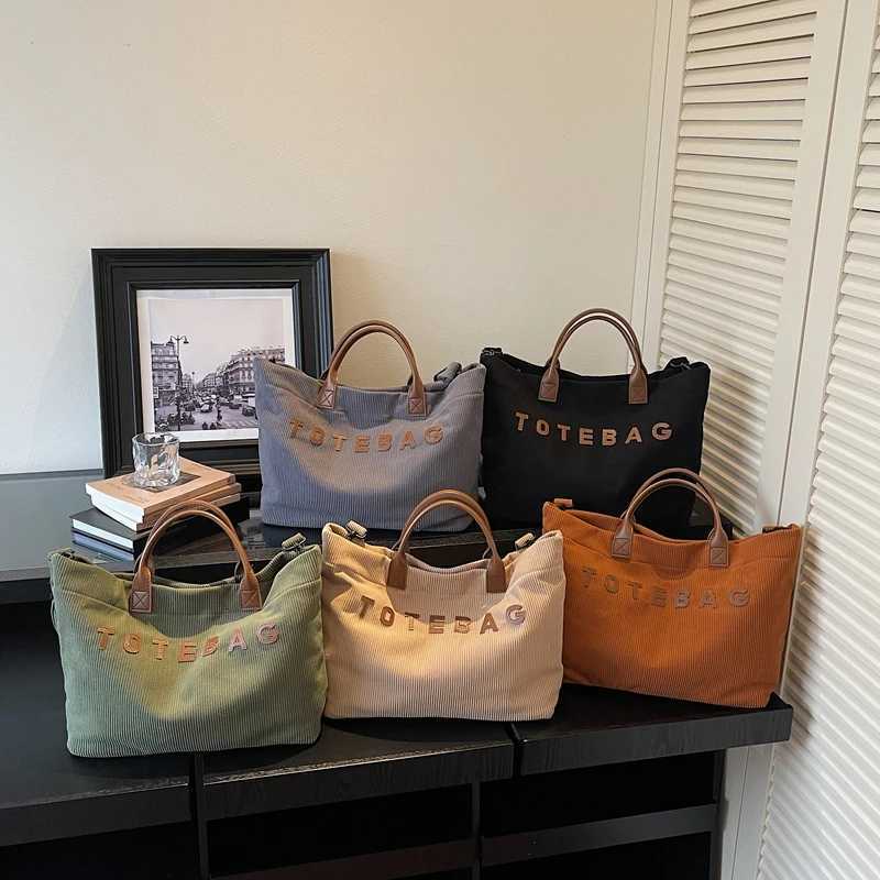 Fashionable and Versatile Women Tote Bag with Large Capacity Embroidered Letters Corduroy Fabric Suitable for Daily Commuting C260327