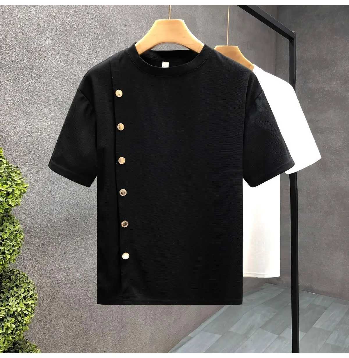 Mens Trendy Summer Short-sleeved Handsome Half-breasted T-shirt New Top Summer Striped Half-sleeved C260326