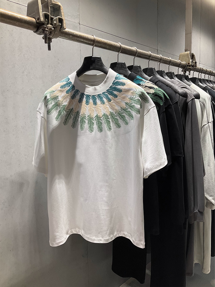 Luxury Brand Designer Summer New Trendy Brand Peacock Feather Heavy Craft Short Sleeve T-Shirt Men Light Luxury Trendy Round Neck Versatile Half Sleev