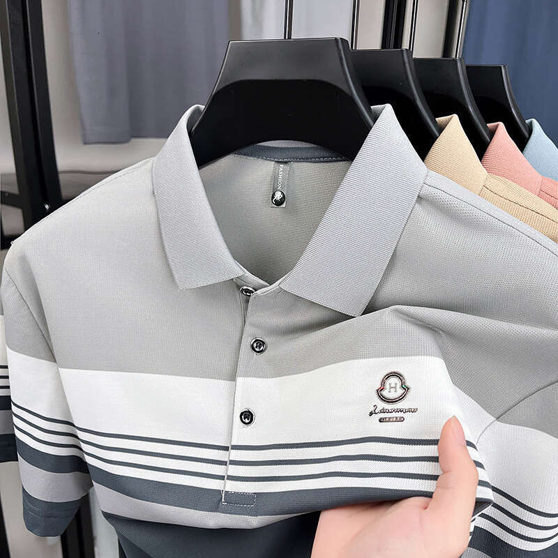 High end stylish summer new T shirt with a collar striped short sleeve light business pullover polo shirt - view 4