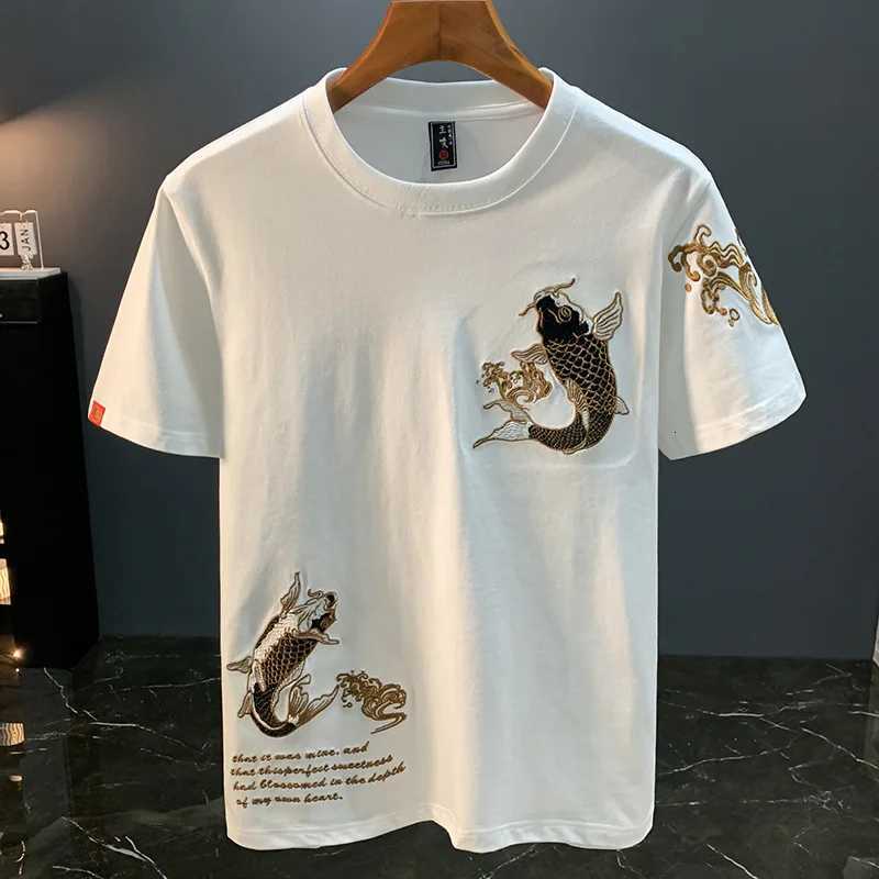 Ethnic style Koi embroidery short sleeved T-shirt for mens summer 2025 new Chinese style trendy loose mens clothing C260326