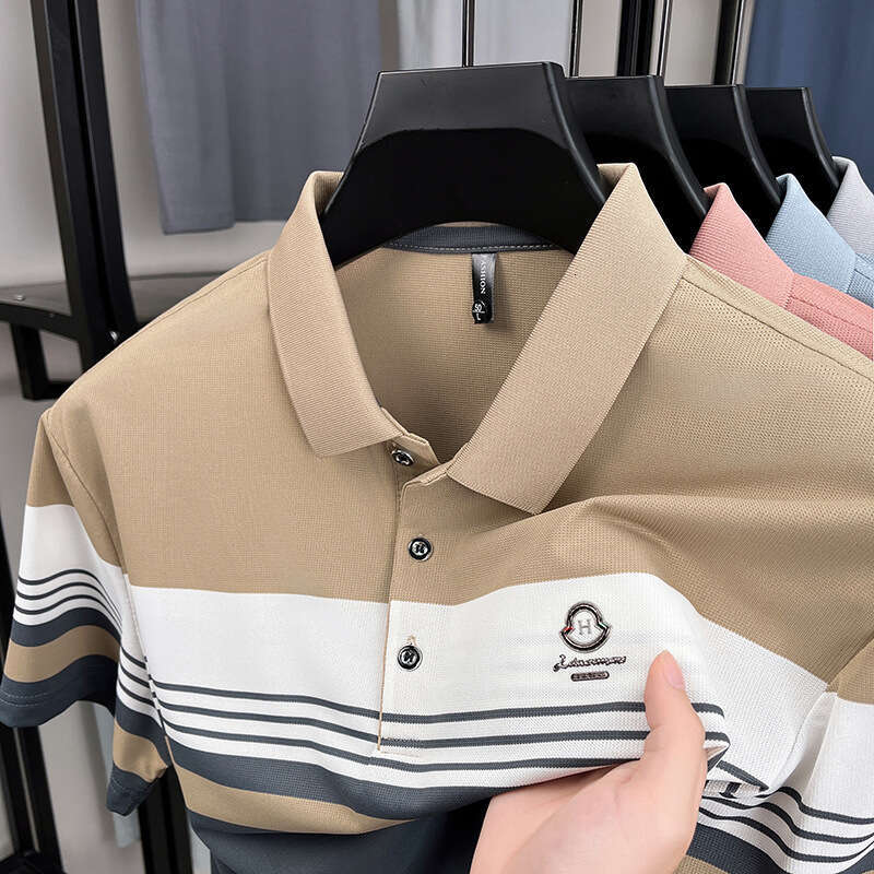 High end stylish summer new T shirt with a collar striped short sleeve light business pullover polo shirt - view 3