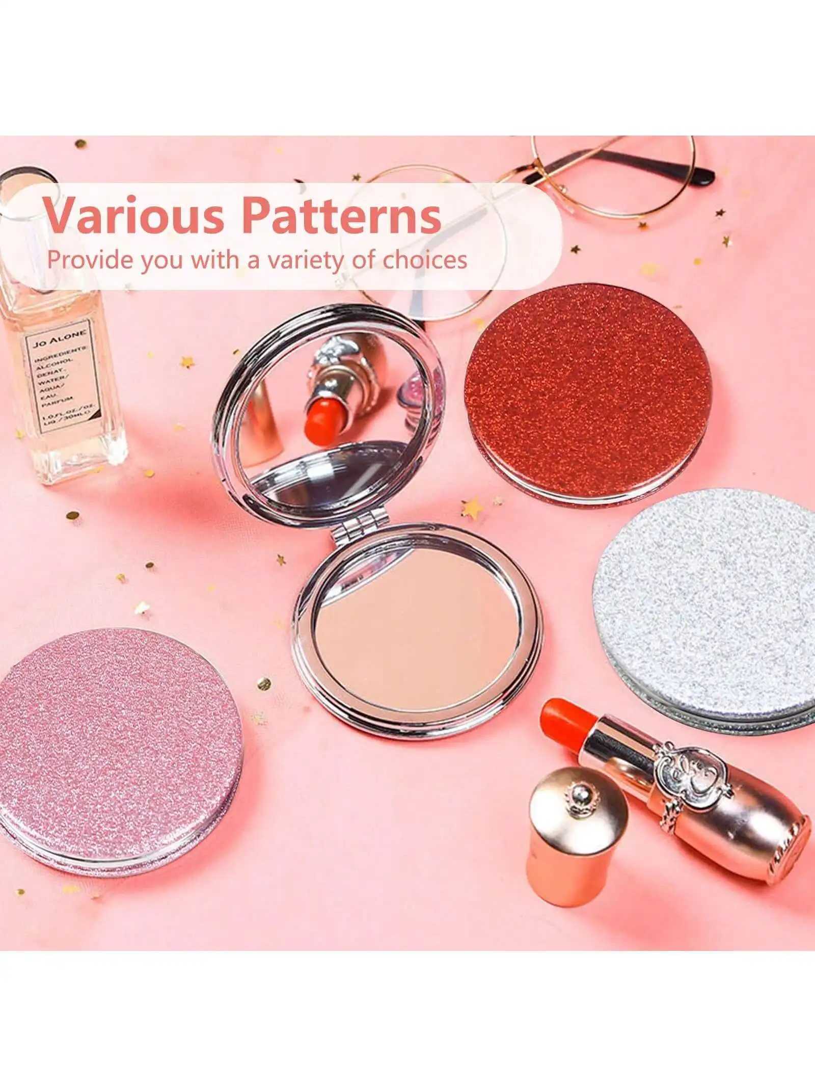 Large Round 72mm Pink Glitter PU Leather Makeup Mirror Folding Pocket Mirror Portable DIY Creative Metal Mini Hand Mirror for Wo H260327