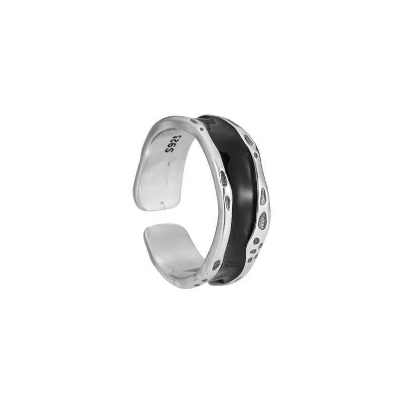 PANJBJ 925 Sterling Silver Black Drip Glaze Pinky Ring for Women Irregular Classics Fashion Versatile Jewelry Gift Dropshipping H260327