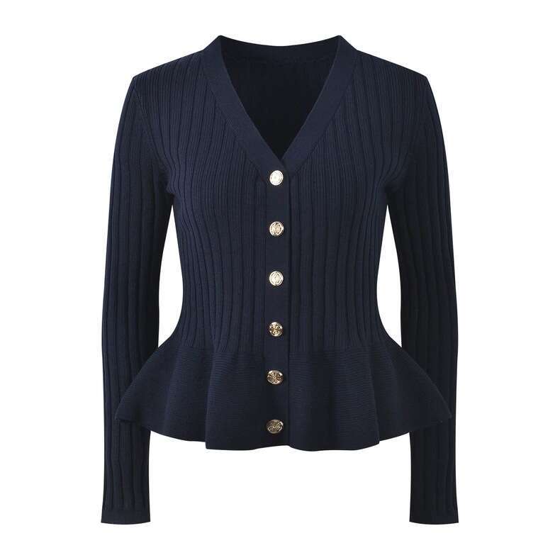 2026 autumn and winter new designer fashionable and elegant V-neck bell shaped sleeves versatile CC pleated c1 knitted women's cardigan top