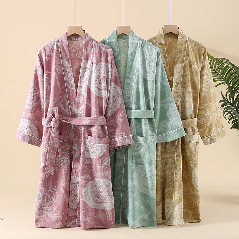 Bathrobe Women Designer Camellia Print Double Layer Cotton Jacquard Japanese Kimono Tie Waist Plus Size Sleepwear Loungewear
