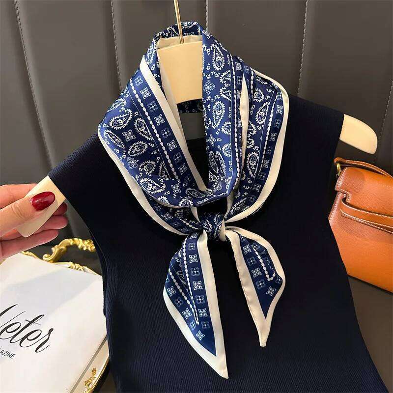 New 14x147cm Narrow Silk Scarves Shirt Neckerchief Double-layered Checkered Pattern Women Tie Neck Bag Hair Headband Headscarf 26Y0327