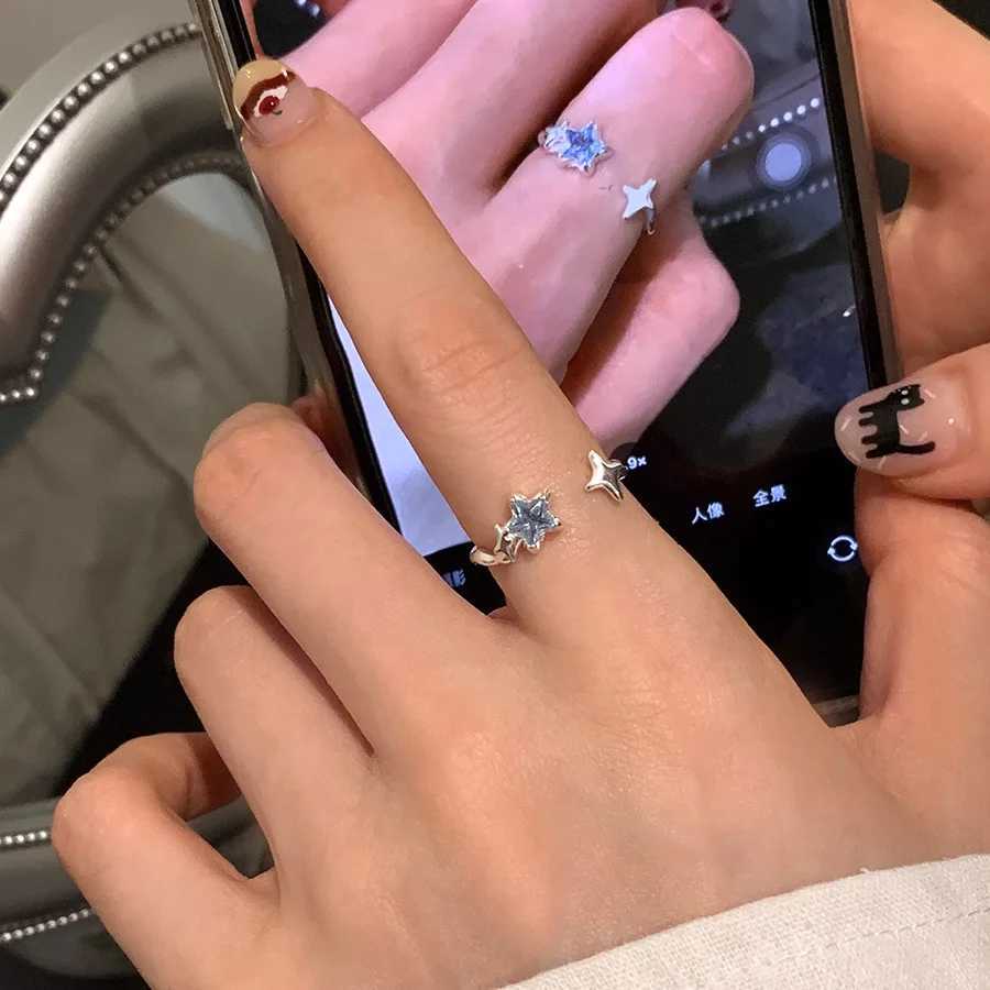 PANJBJ 925 Sterling Silver Stars Ring For Women Blue Crystal Opening Sweet Romance Irregular Versatile Jewelry Gift Dropshipping H260327