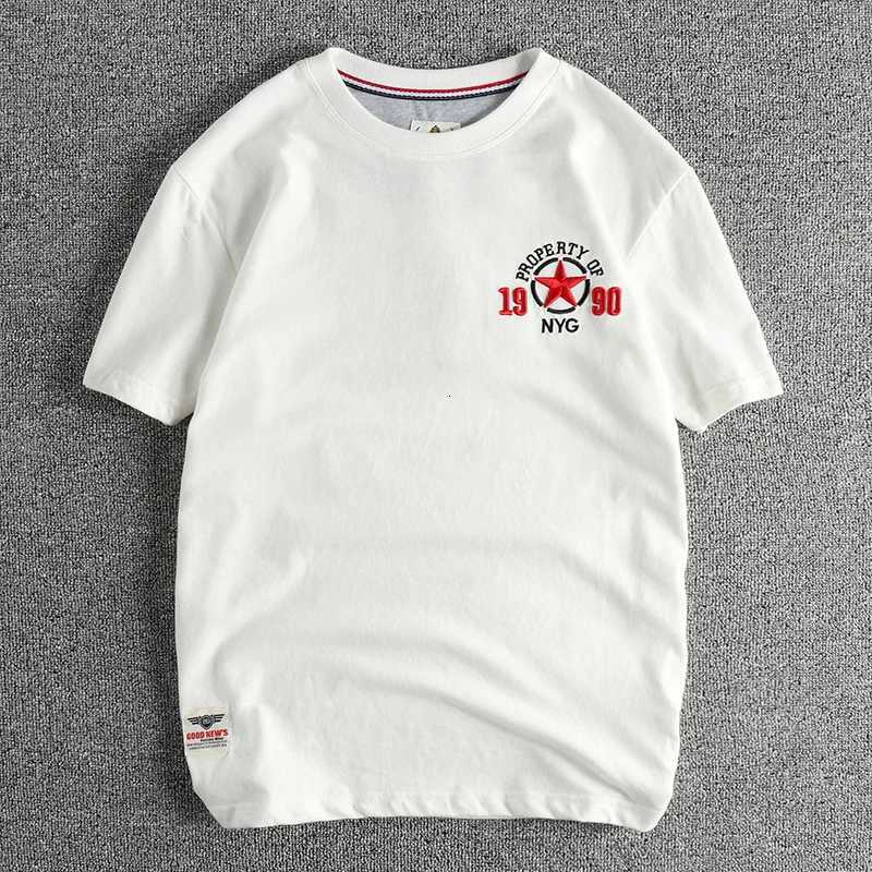 Embroidery five-pointed star pattern short-sleeved T-shirt men washed wool cotton comfortable round neck blouse C260326