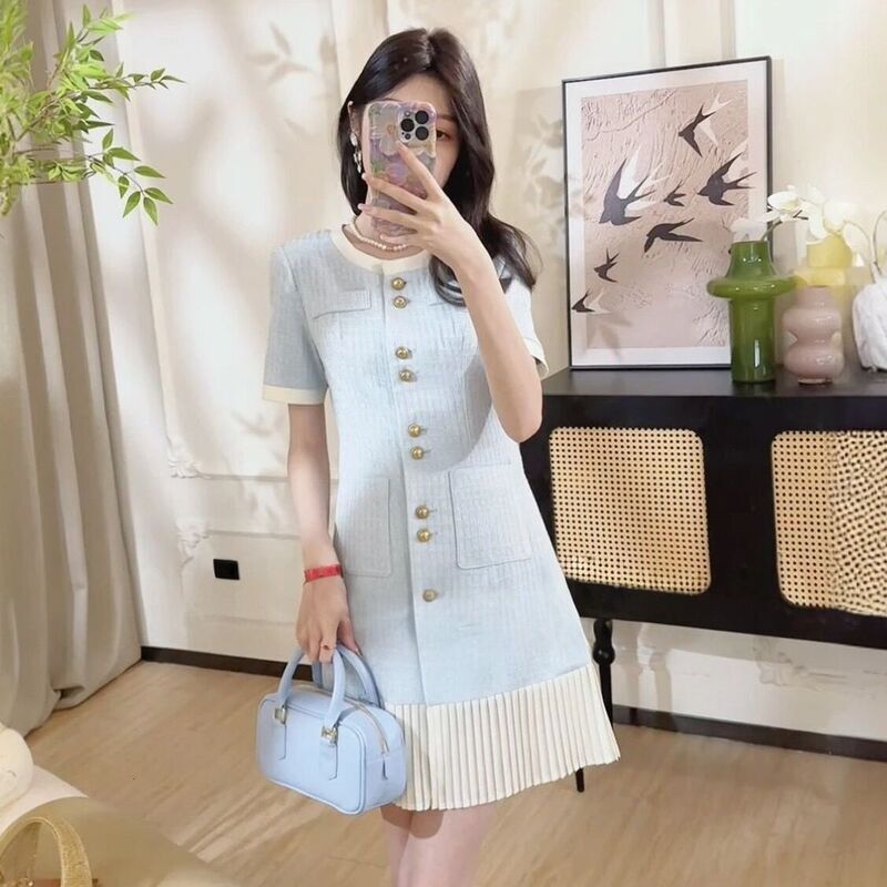 Designer dresses for women Woman Clothing French Style Dresses Short Sleeve Blue Tweed Elegant Luxurious Mid-Length Dress Lady Casual Dress free shipp
