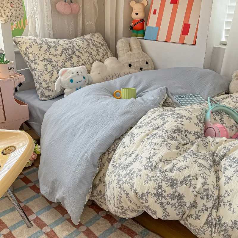 Cartoon color plaid bed sheet four-piece set student cute soft quilt cover dormitory three-piece set H260327