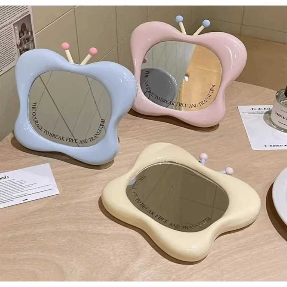 Cute Butterfly House Shape Makeup Mirror Wall-mounted Tabletop Dressing Mirror with Stand Portable Beauty Mirror H260327