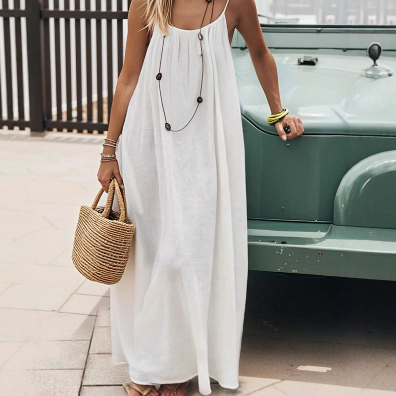 Woman Clothing Designer Dress Loose Linen Camisole Maxi Dress New Backless Casual Homewear & Outdoor big size Beach Dress for Women