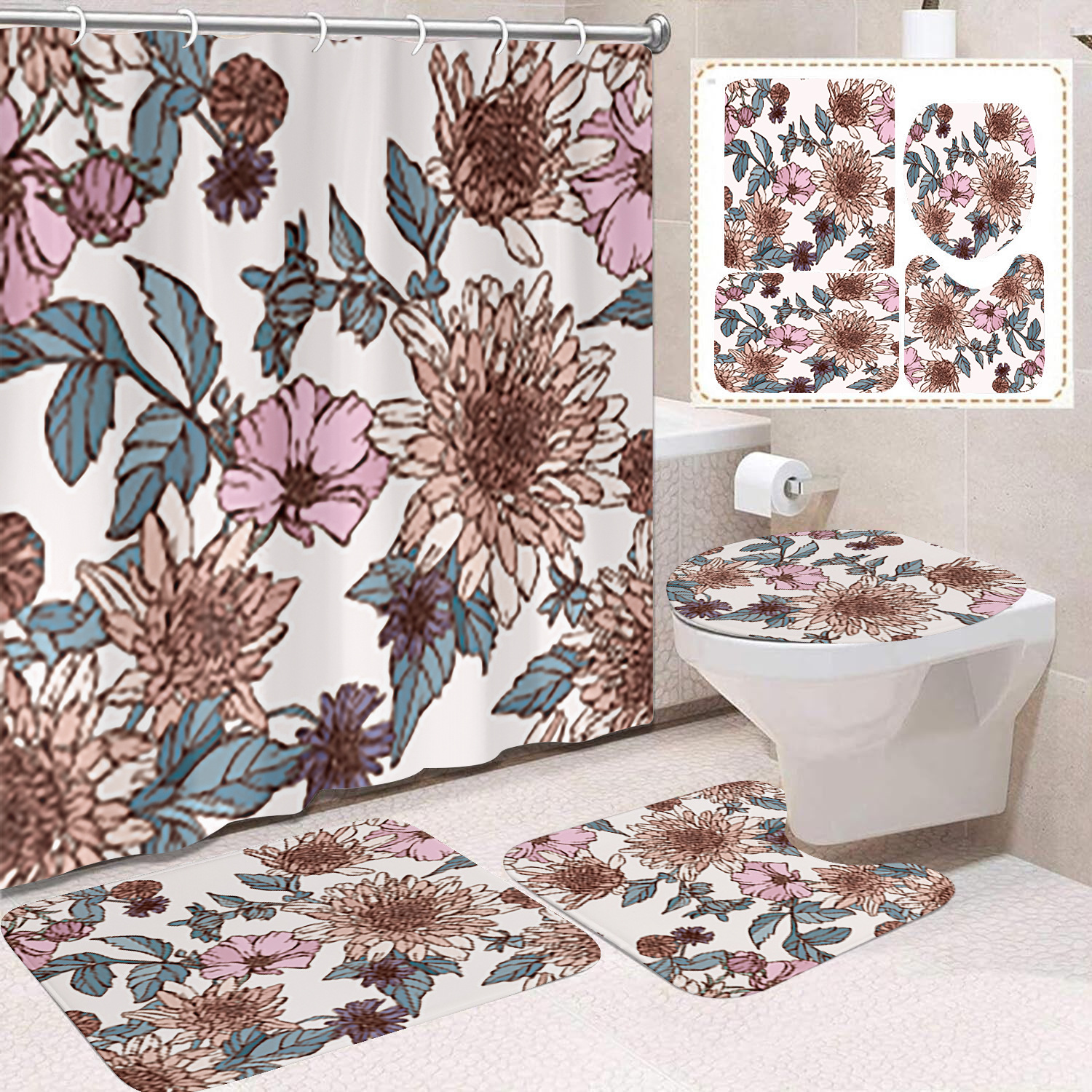 YL-38399 Floral Shower Curtain and Mat Set (4 Pieces) - Bathroom Dry and Wet Separation, Toilet Isolation Curtain, Modern Minimalist Style