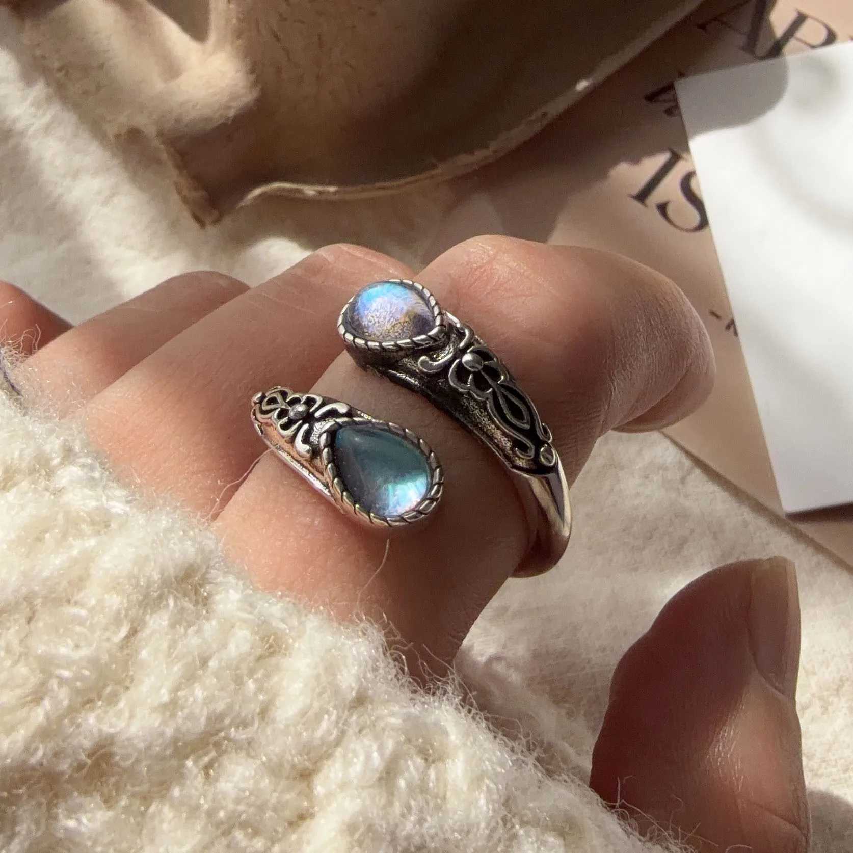 925 Sterling Silver Rings For Women Geometric Fine Jewelry Finger Adjustable Vintage BLue Stone Ring For Party Birthday Gift H260327