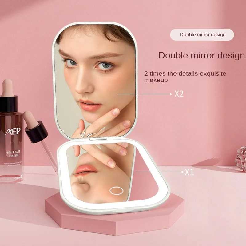 LED Makeup Mirror with 2X Magnification Rechargeable Battery Operated Compact Folding Portable Travel Gift Dimmable Light H260327