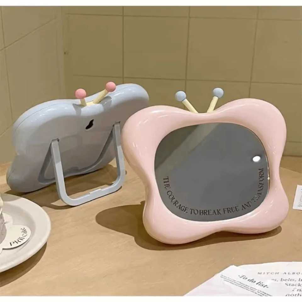 Cute Butterfly House Shape Makeup Mirror Wall-mounted Tabletop Dressing Mirror with Stand Portable Beauty Mirror H260327