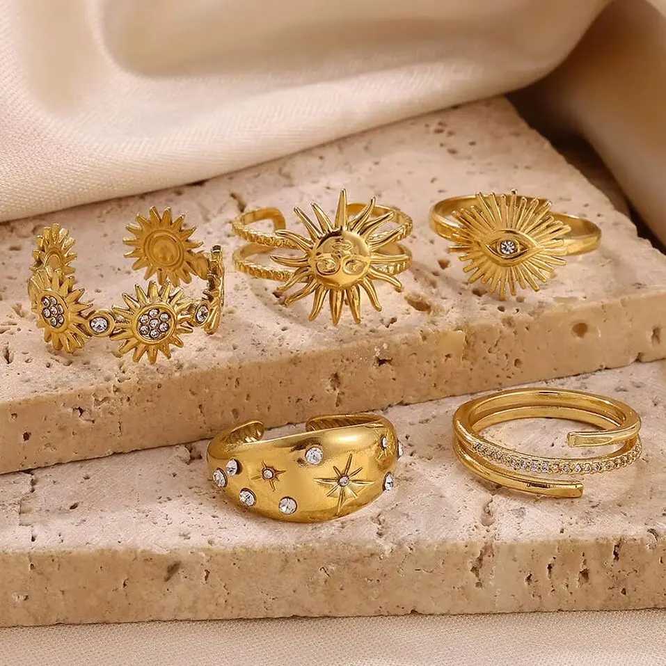 Stainless Steel Tiny Zircon Rings For Women Exquisite Gold Color Sun Double-Layer Ring Punk Hip-Hop Accessory Bague Jewelry Gift H260327