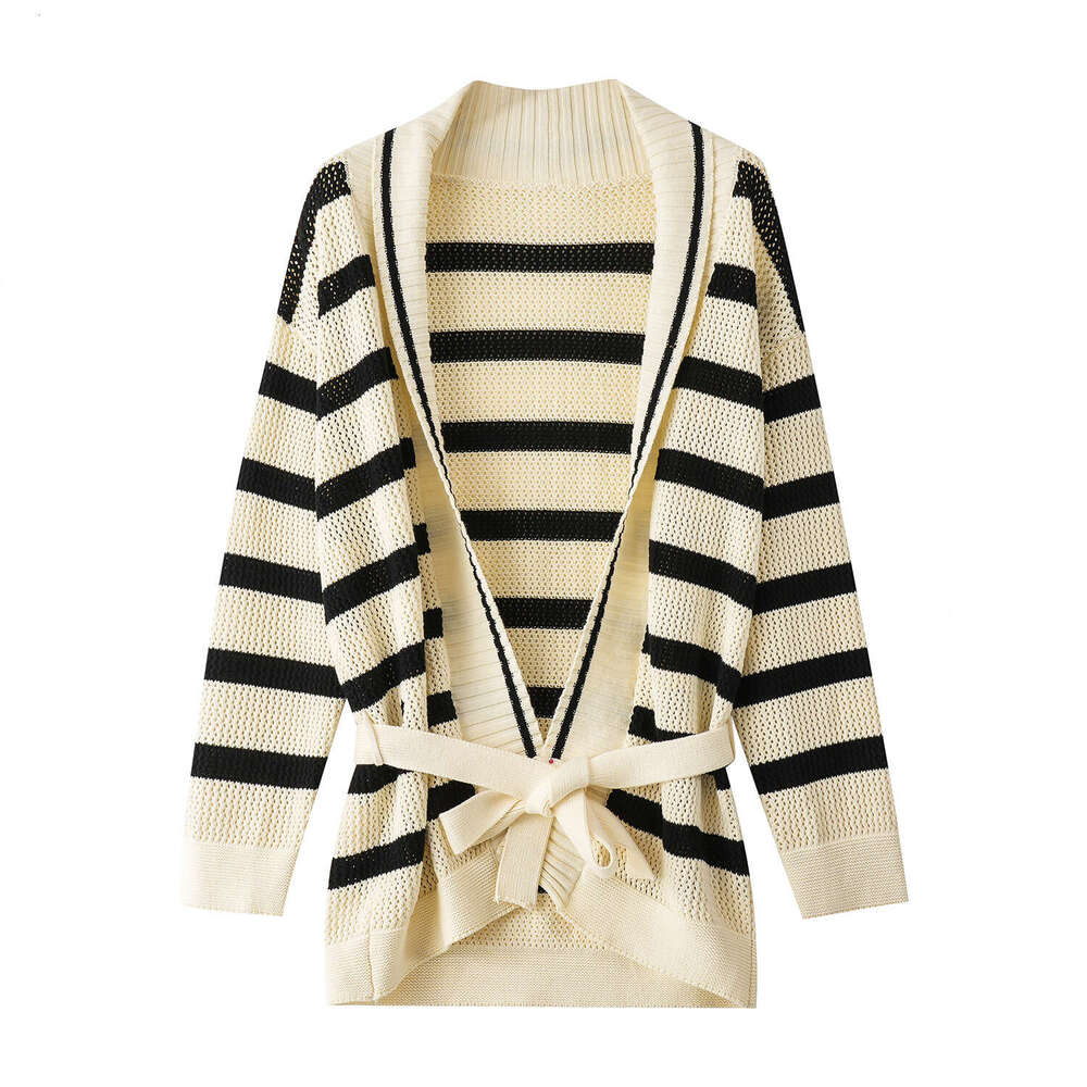 2026 autumn new slim fit waist long sleeved knitted CC sweater women's striped D19 color blocked tie medium length cardigan wool sweater
