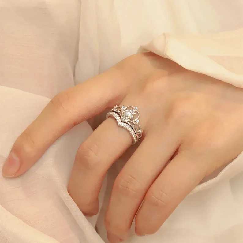 Stainless Steel 2PCS Crystal Crown Adjustable Ring Irregular Geometry Vintage Rings Set for Women Girls New Fashion Jewelry Gift H260327